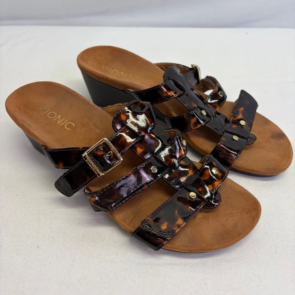 Vionic Radia Wedge Sandals Women 7 Tortoise Shell Patent Strappy Orthopedic